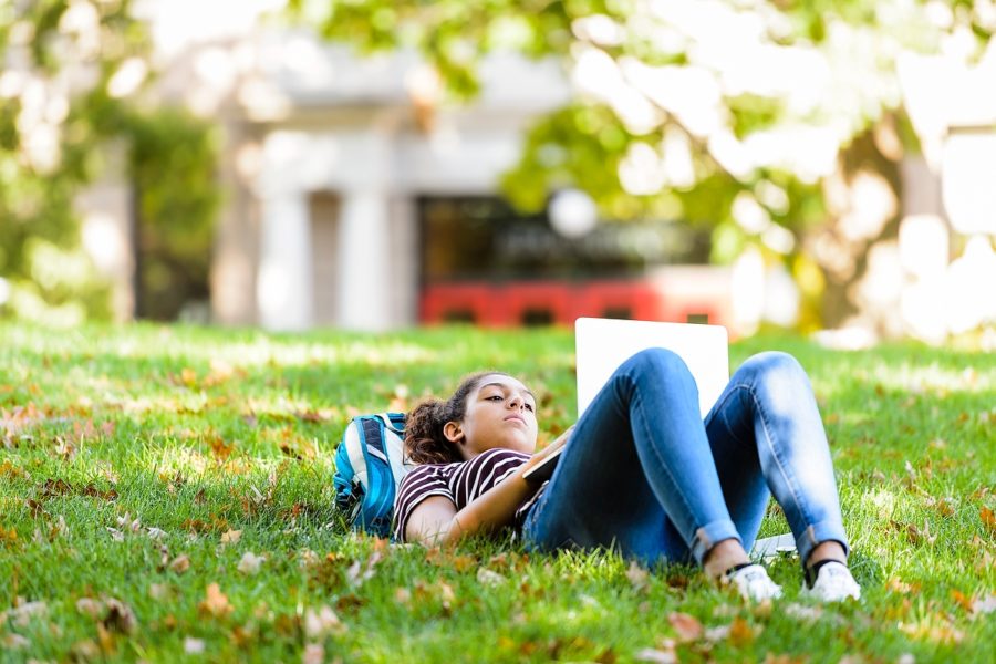 Student studying on Bascom Hill